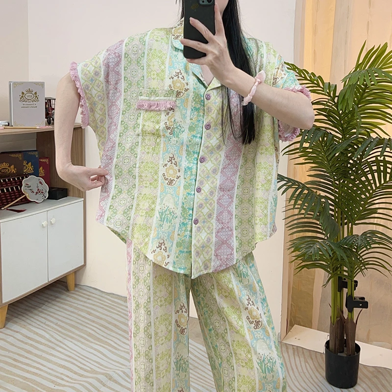 万人迷 夏季短袖短裤开衫上衣长裤三件套装春秋家居服套装
