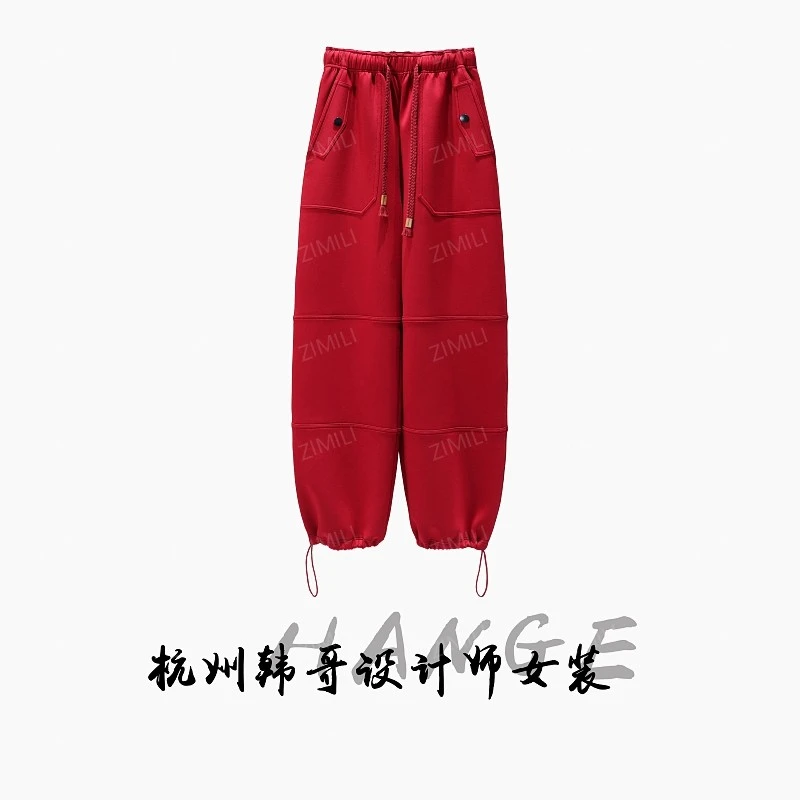 【韩哥女装】2025秋冬新品《胭脂》红色撞色外包线工装裤5290-P2