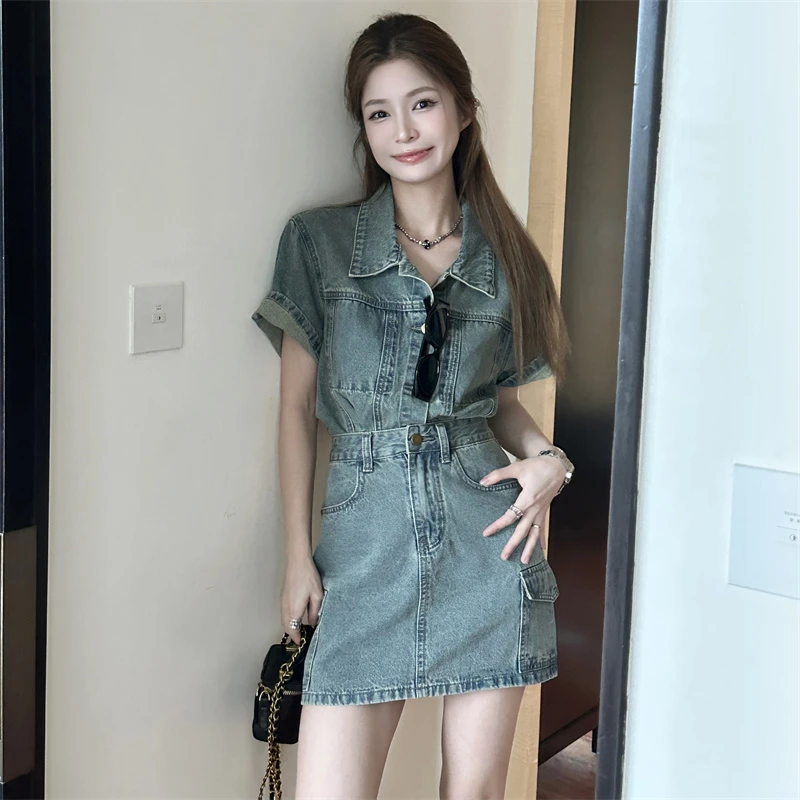 大码时尚复古牛仔短外套+收腰显瘦工装牛仔半身短裙套装820