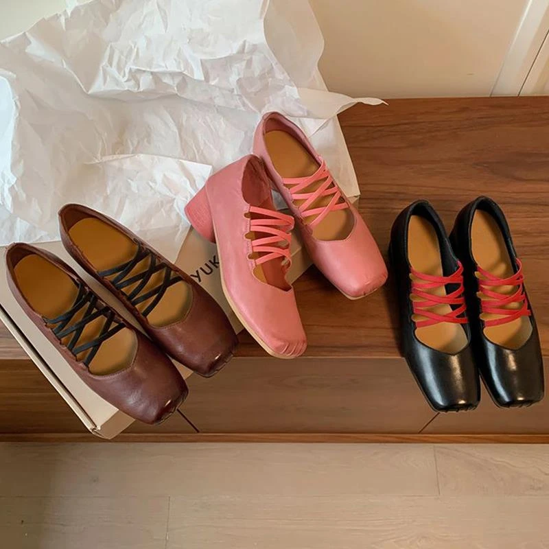 【澳门专柜正品】牛皮版~2025新款粗跟方头猪鼻交叉带玛丽珍女鞋气