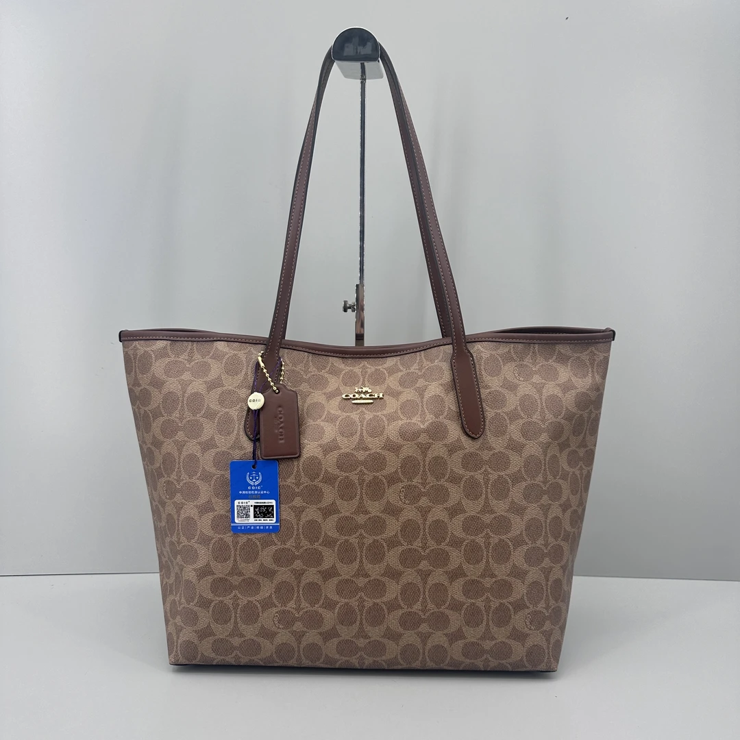 99新 COACH/蔻驰 city33棕拼老花托特包33*29*15cmM071510