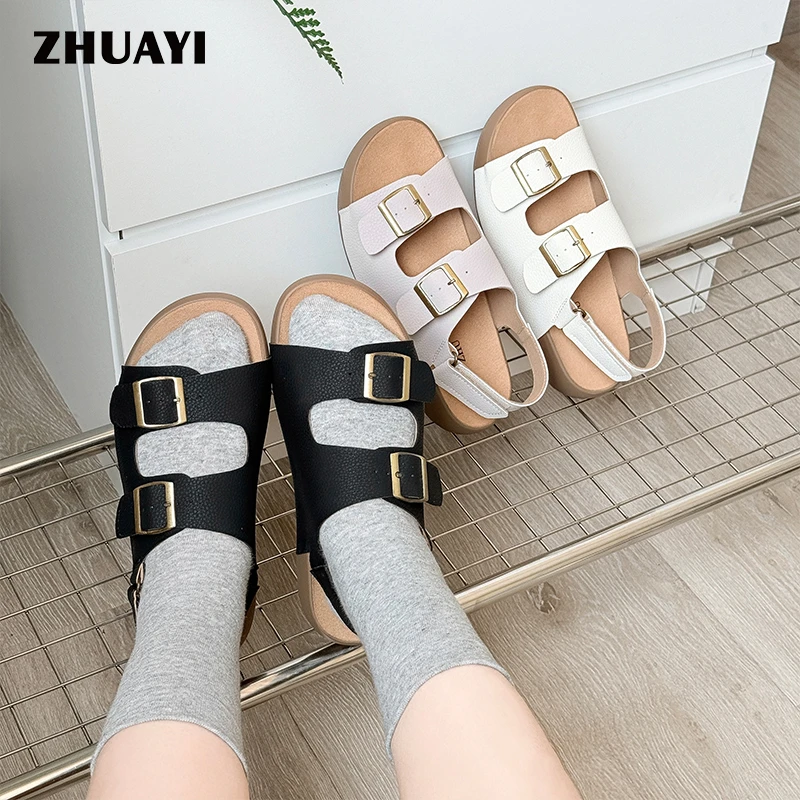 朱阿姨2025夏季洋气勃肯凉鞋韩版平底鞋子软底外穿网红款露趾凉鞋