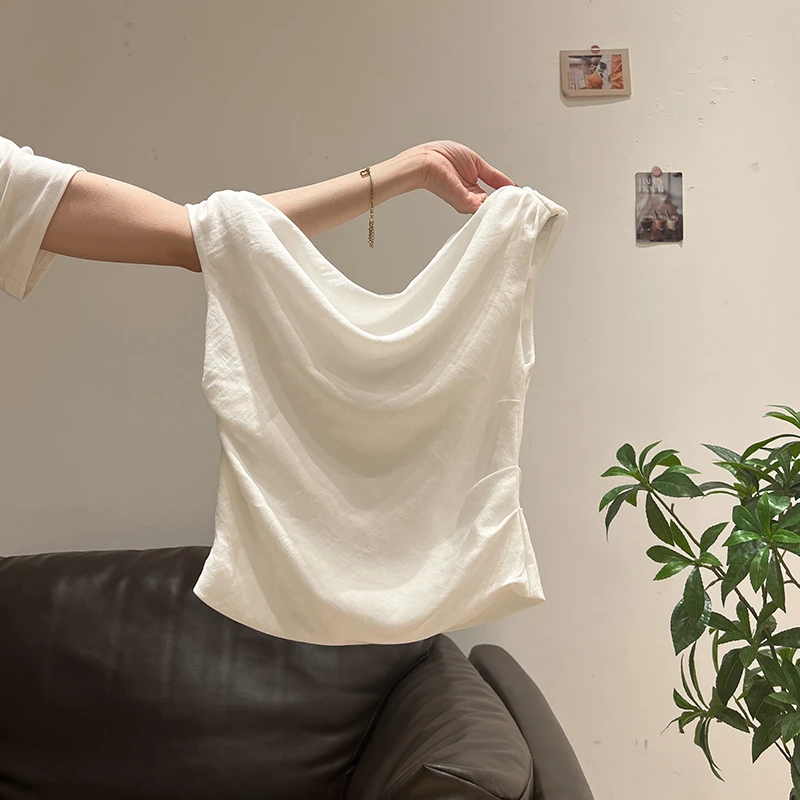 白色纯欲气质斜肩一字肩荡领修身短袖T恤女2025夏季新款小上衣潮