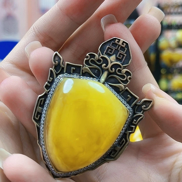 蜜蜡银S925镶嵌裸石吊坠