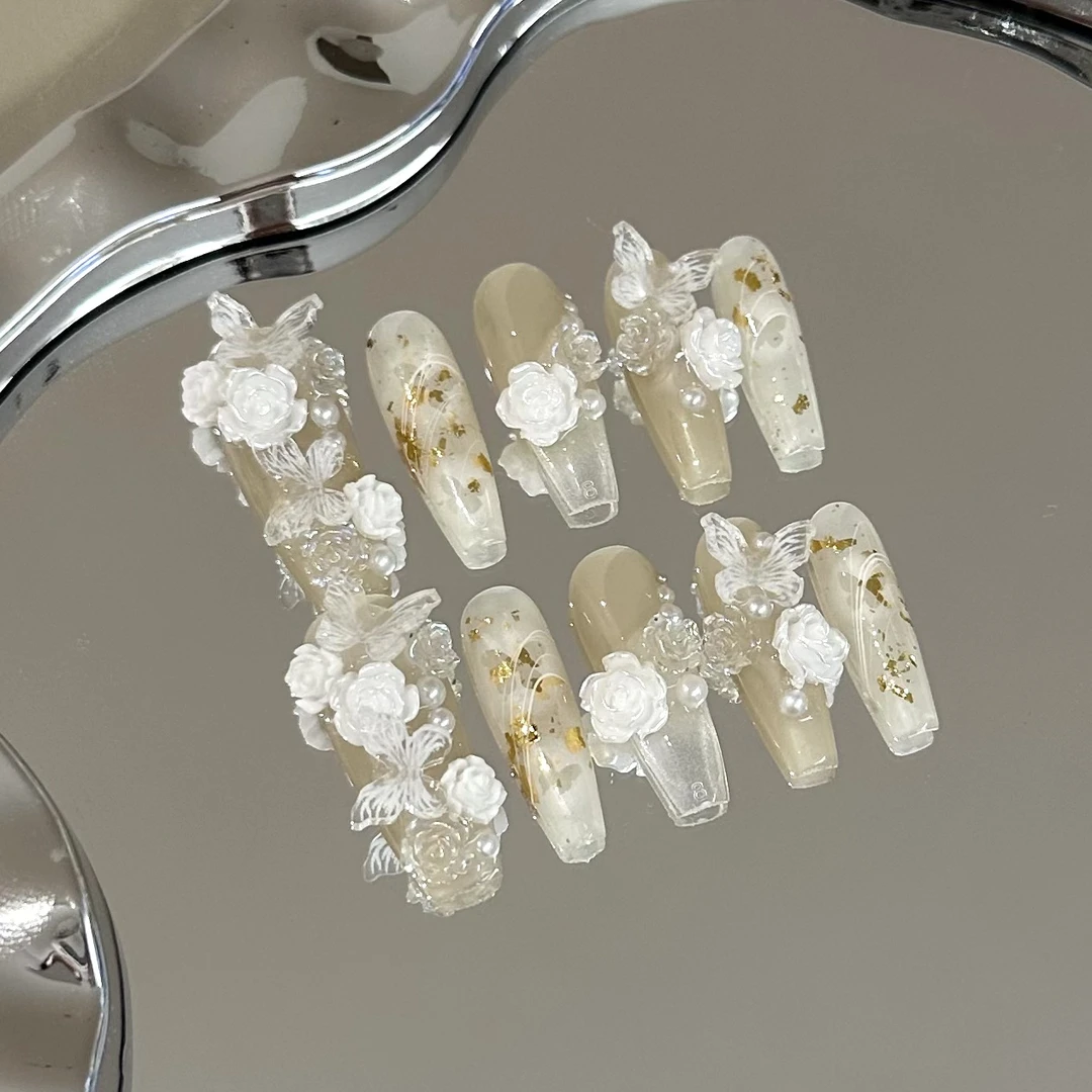 山茶蝴蝶高端手工穿戴甲片高级感山茶花美甲贴片气质显白