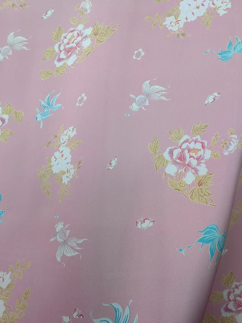 粉色锦鲤牡丹 纯植物丝皮子缎红云纱 香云纱服装面料