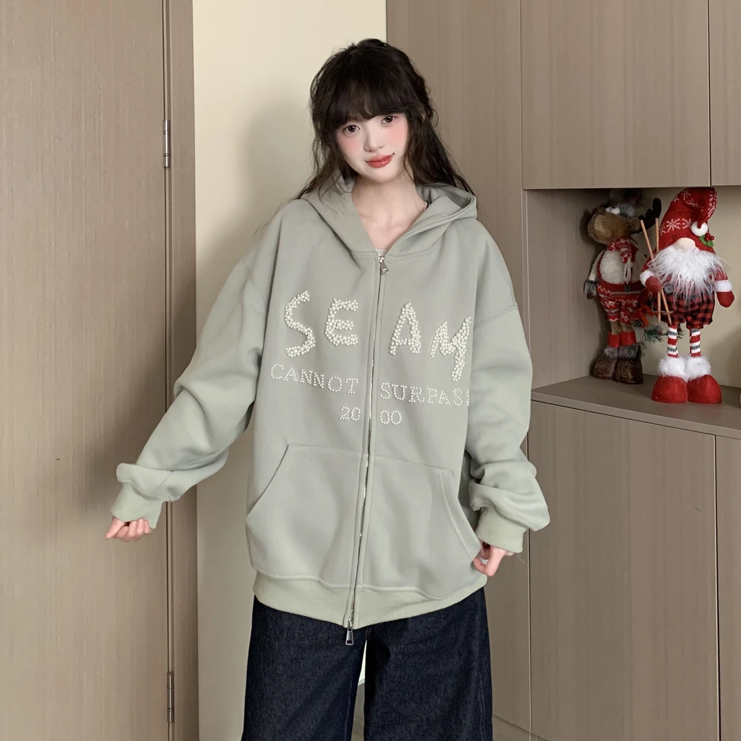 EZEK春季新款双开拉链连帽卫衣高街珍珠手缝立体开衫外套男女潮