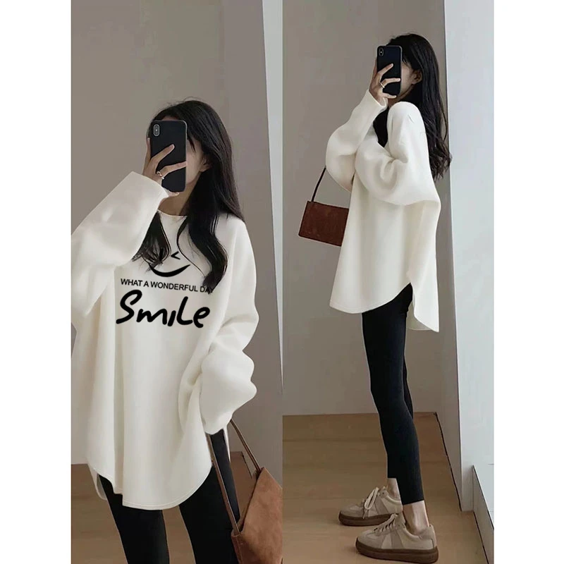 双面德绒中长款弧形下摆T恤女圆领打底衫女加厚德绒秋冬配睡衣女