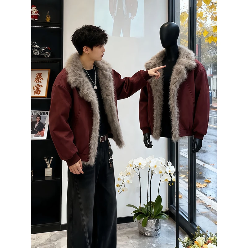 酒红色毛领座山雕外套男冬季短款高级感痞帅加厚仿麂皮水貂绒棉服