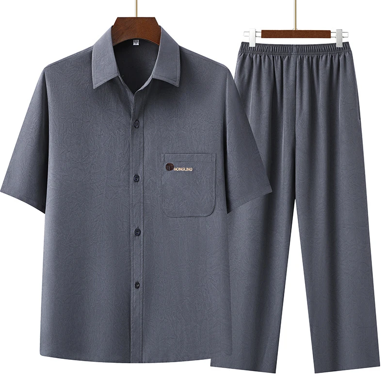 中老年夏装男士冰丝新款爸爸短袖上衣爷爷夏季宽松休闲套装