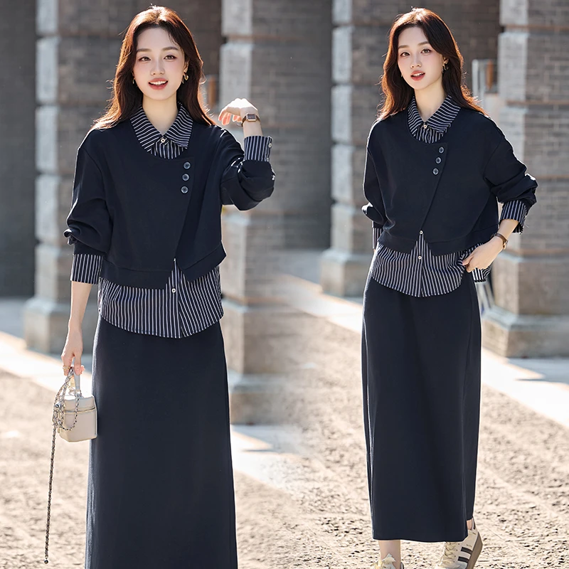 时尚气质卫衣两件套连衣裙女装2025秋季新款条纹假两件衬衫半身裙