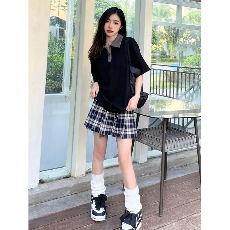 美式复古韩版正肩短袖t恤夏宽松chic港味美式复古polo领短袖上衣