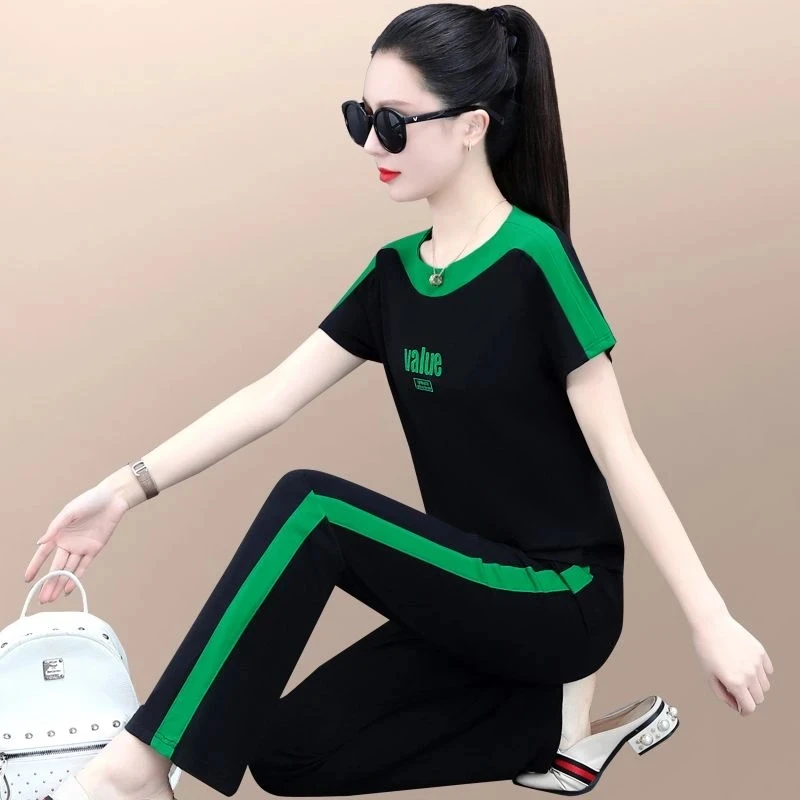 冰丝阔腿裤运动服套装女夏季薄款时尚洋气宽松短袖显瘦休闲两件套