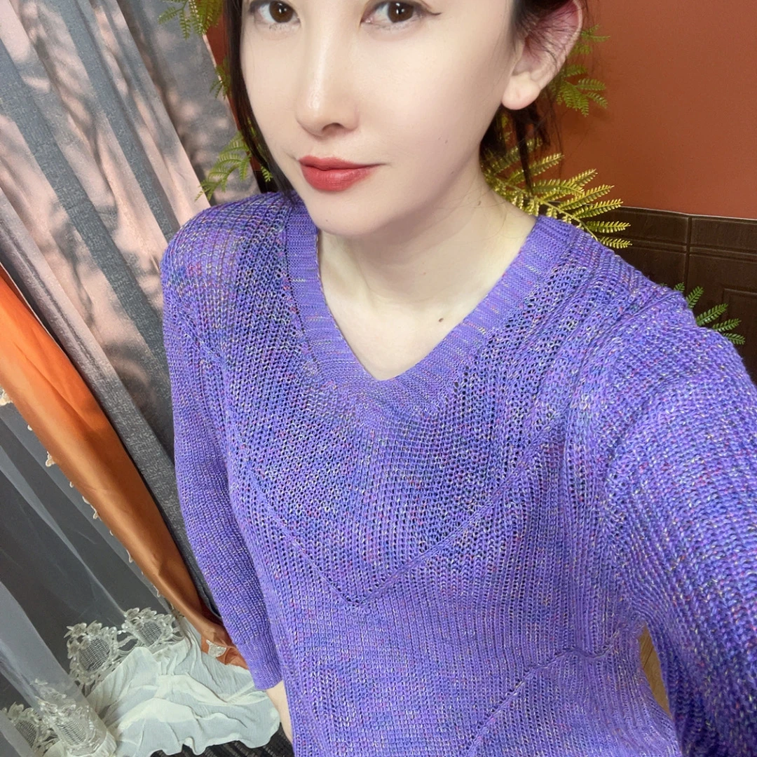 焕彩纯色长袖显瘦不褪色春季毛针织衫时尚网红衫镂空上衣