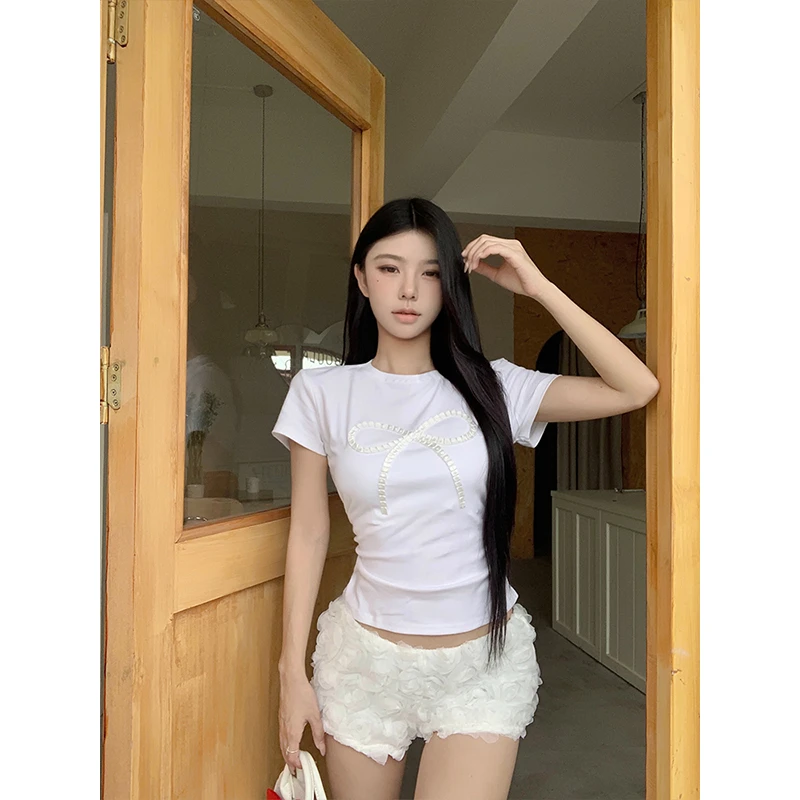 Moses Queen/魔西女王蝴蝶结设计甜辣正肩上衣收腰显瘦短袖T恤