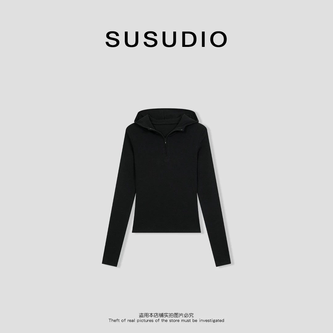 SUSUDIO韩系半拉链 新款简约连帽长袖T恤10035