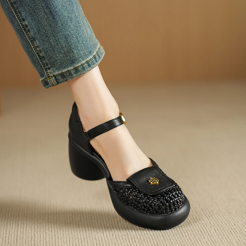 小个子增高7cm~夏季包头凉鞋女新款编织一字扣带防水台镂空高跟鞋