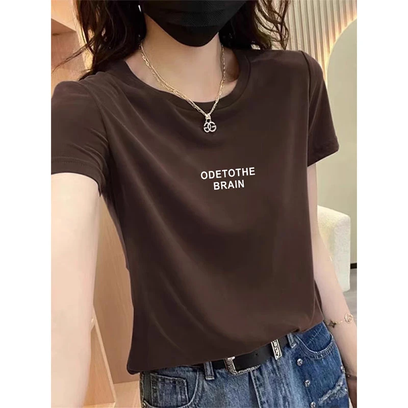 正肩圆领短袖t恤女潮2025夏季新款时尚百搭洋气咖啡色上衣打底衫