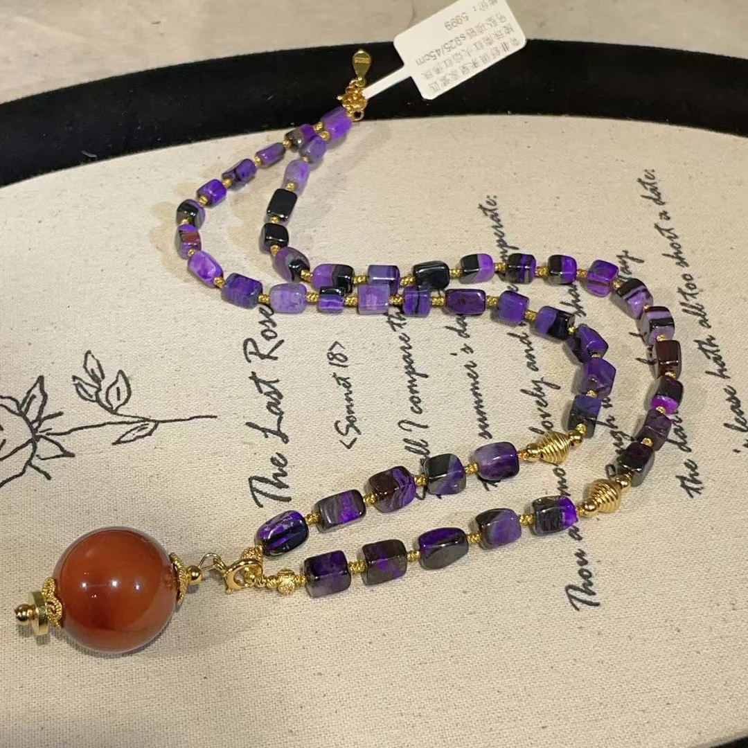 南非舒俱来皇家紫四棱珠南红火焰项链s925/45cm（浔夏）AZB11042