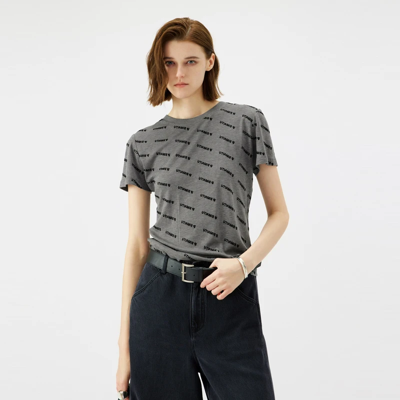 U/TI灰色满印字母短袖T恤女夏季新款宽松显瘦上衣休闲百搭T恤