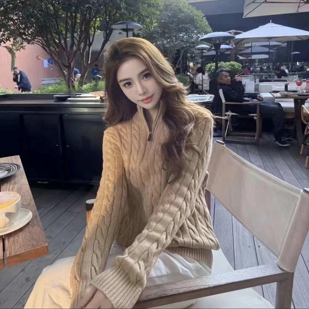 小马刺绣秋冬针织毛针织衫半拉链长袖套头款女学院风不褪色水洗