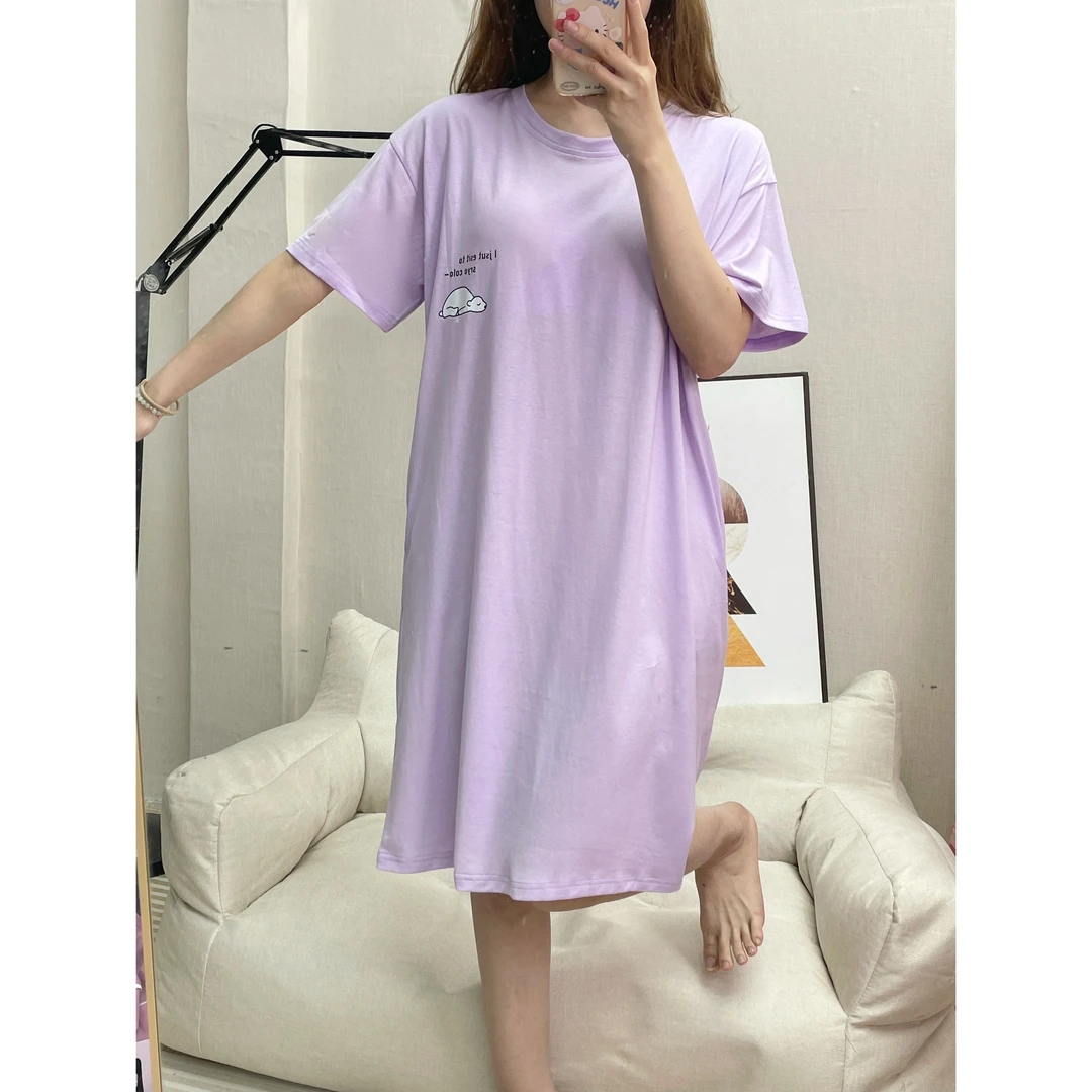 【带胸垫】夏季100%纯棉睡裙女韩版短袖睡裙薄款甜美大码宽松居家