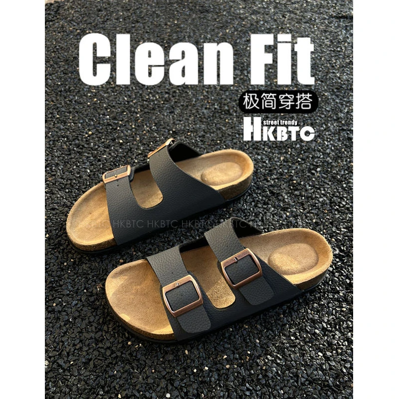 HKBTCLEANFIT 软木勃肯拖鞋男士 复古搭扣一脚蹬外穿高级感一字拖