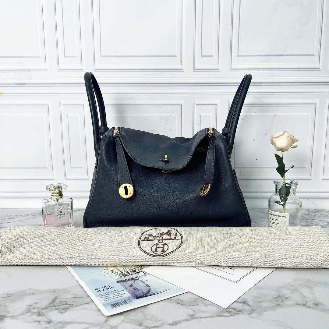95新 Hermes/爱马仕 Lindy30蓝拼橘色内里金扣手提单肩包