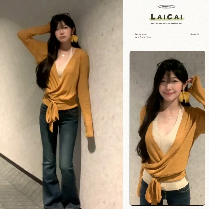 巨好看穿搭一整套女秋季V领针织吊带交叉绑带显瘦遮肉微喇裤套装