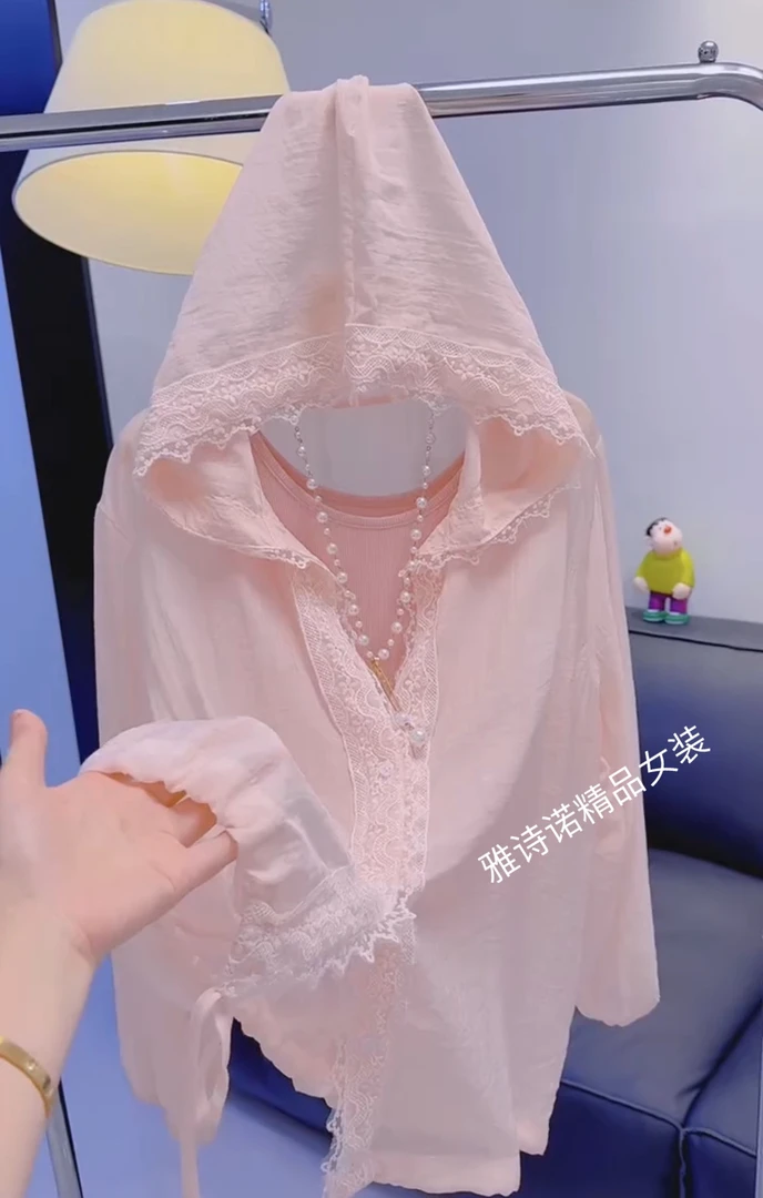 韩系温柔甜美蕾丝拼接连帽防晒衬衫女夏季新款休闲防晒上衣
