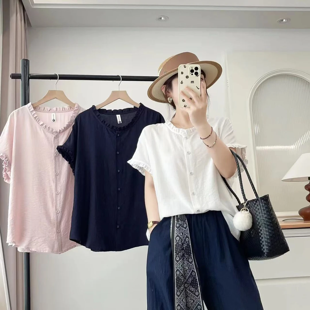 夏季宽松显瘦百搭木耳花边时尚衬衫