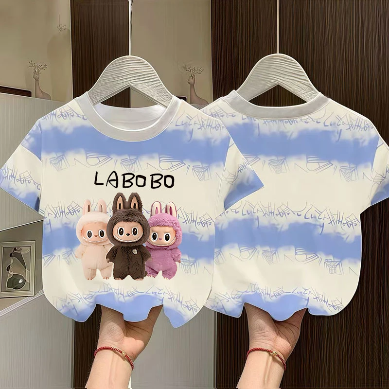 儿童纯棉男女童夏季三个拉布布印花短袖夏季宽松型透气T恤女孩