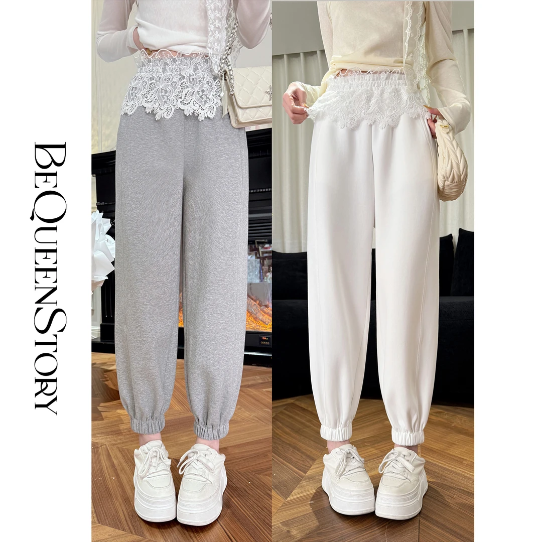 BeQueenStory【慵懒蕾丝】2025新款设计感腰头拼接蕾丝边束脚裤