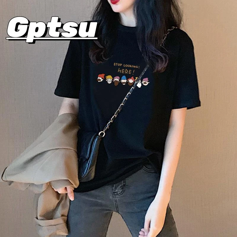 GPTSu卡通减龄黑色短袖t恤女款印花宽松上衣夏季新款韩版棉体恤潮