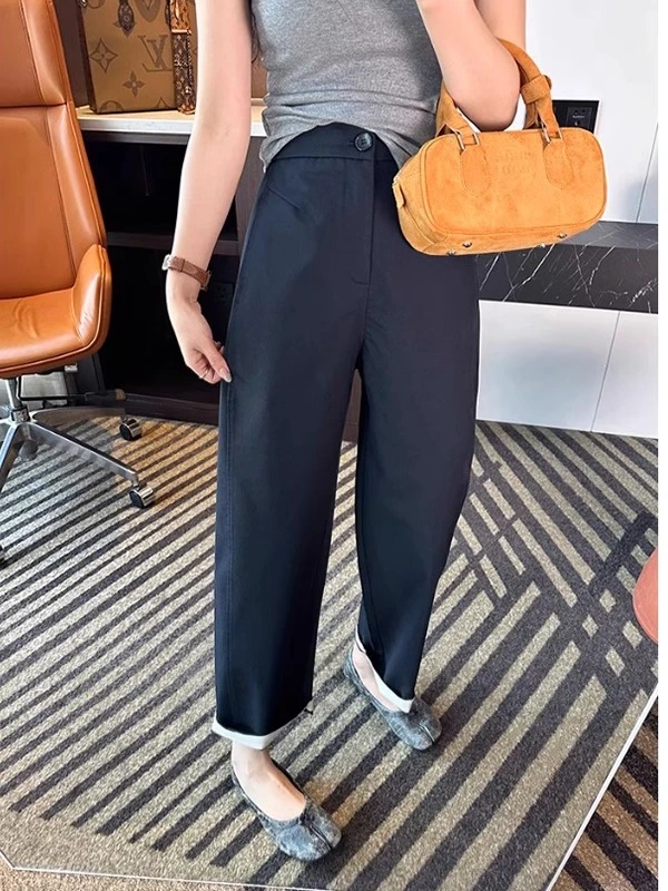 夏季薄款高腰藏青九分阔腿裤弧形宽松休闲百搭奶奶裤女