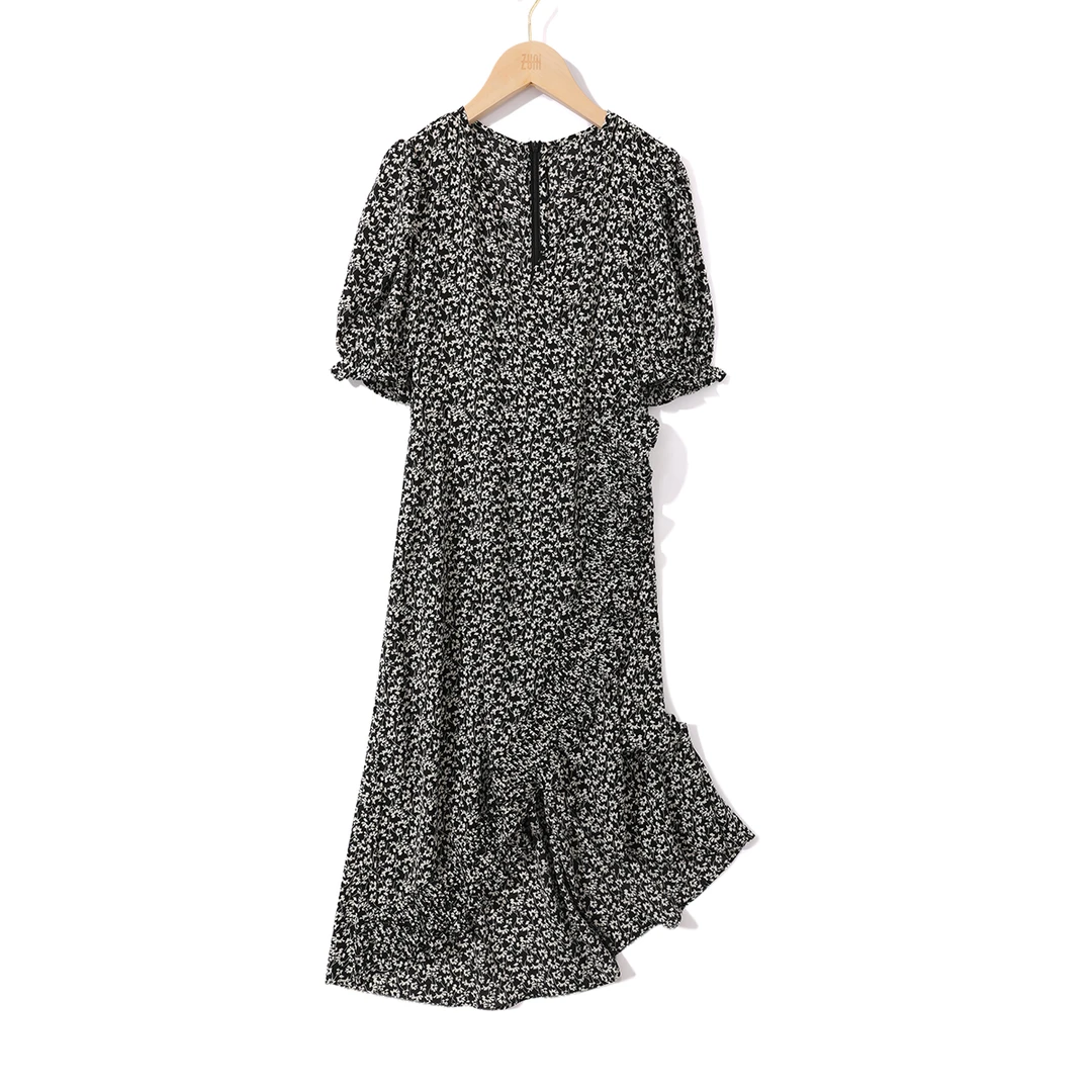 【桔梗斜边裙】碎花立体结构波浪边v领碎花裙女2110450