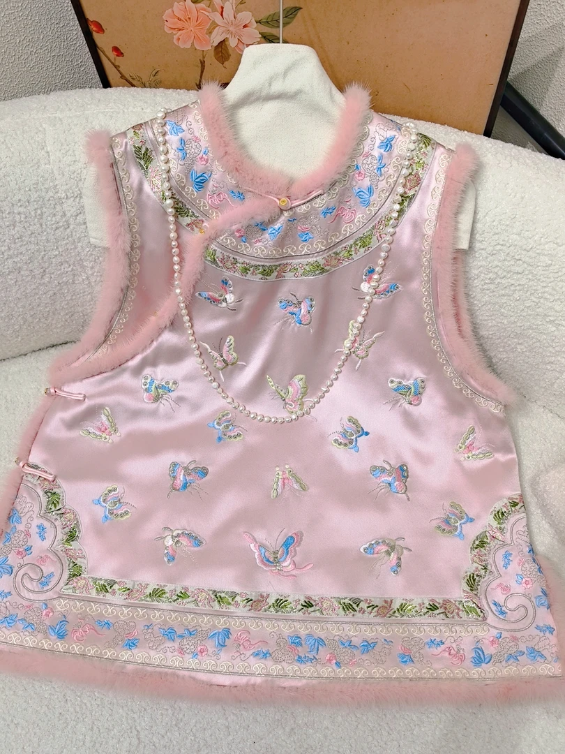 （月瑶）古风马夹民族风冬款加棉蝴蝶刺绣女士棉马甲中国风