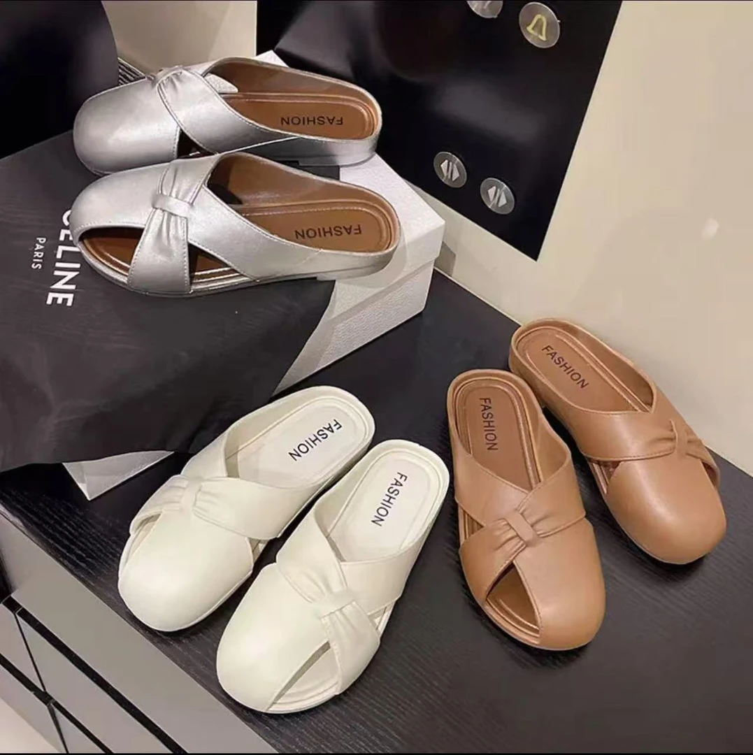 PVC材质包头平跟平底浅口日常纯色包头拖玛丽珍欧若智性