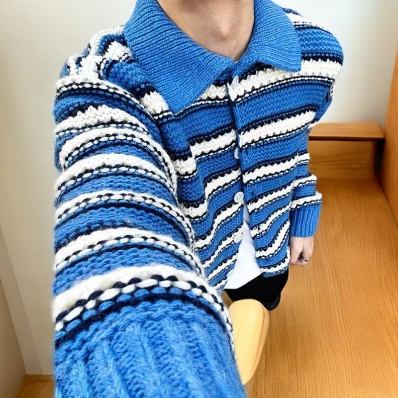 蓝白条纹开衫毛衣美式复古cleanfit粗线针织翻领外套男潮宽松上衣