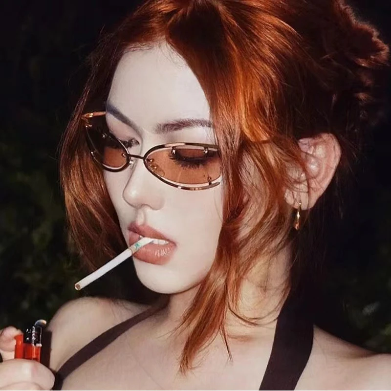 跨境欧美潮款猫眼太阳镜男士半框个性未来科技风墨镜镂空铆钉眼镜