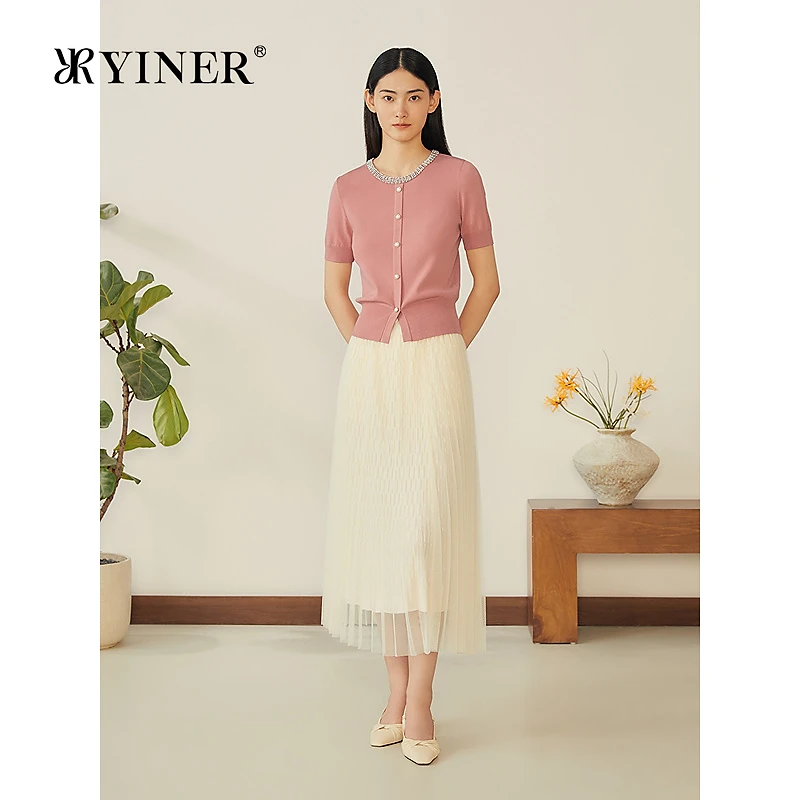 YINER音儿专选2025夏季新款法式优雅褶艺六角网纱半身裙A字裙