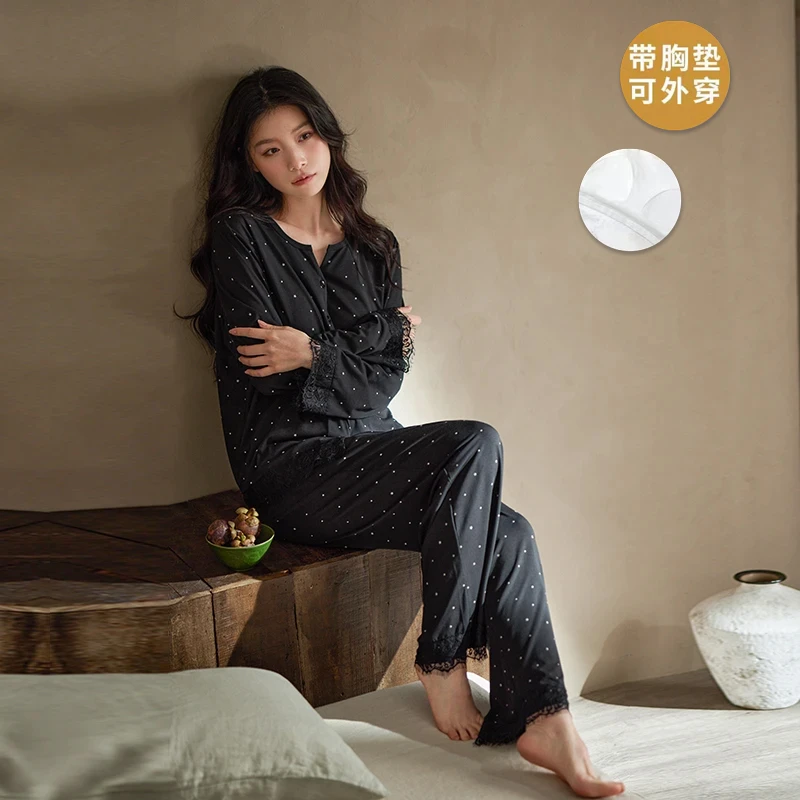 波点睡衣女秋冬季薄款带胸垫一体长袖透气女开衫宽松可外穿家居服