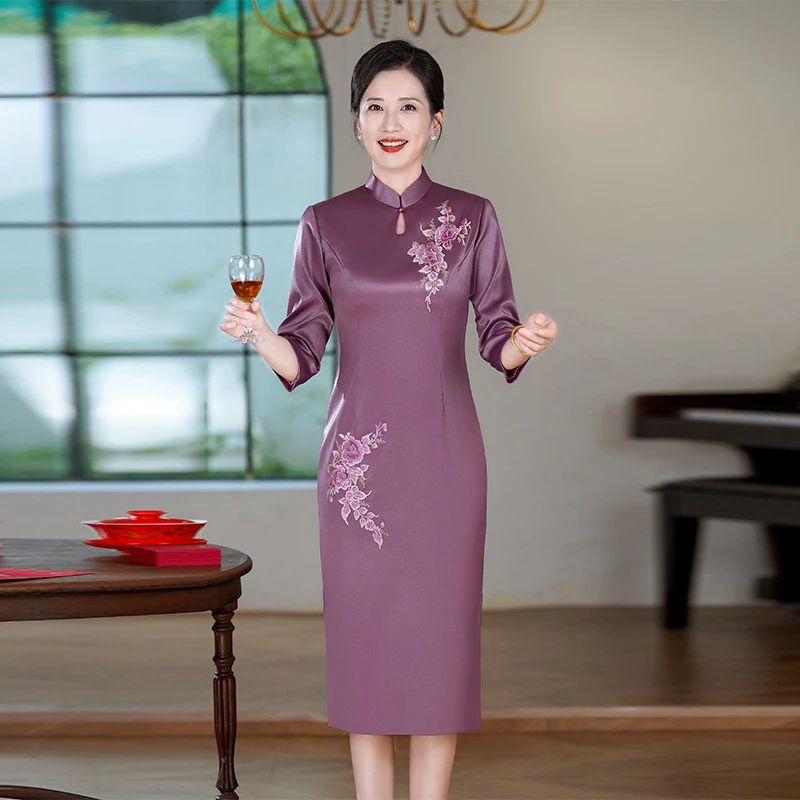 低开衩婚礼提花七分袖刺绣大码中老年中式旗袍修身气质高贵高档