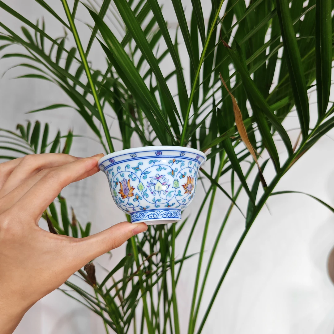 纯手工手绘陶瓷|手工青花斗彩缠枝莲压手杯主人杯茶杯品茗杯茶具