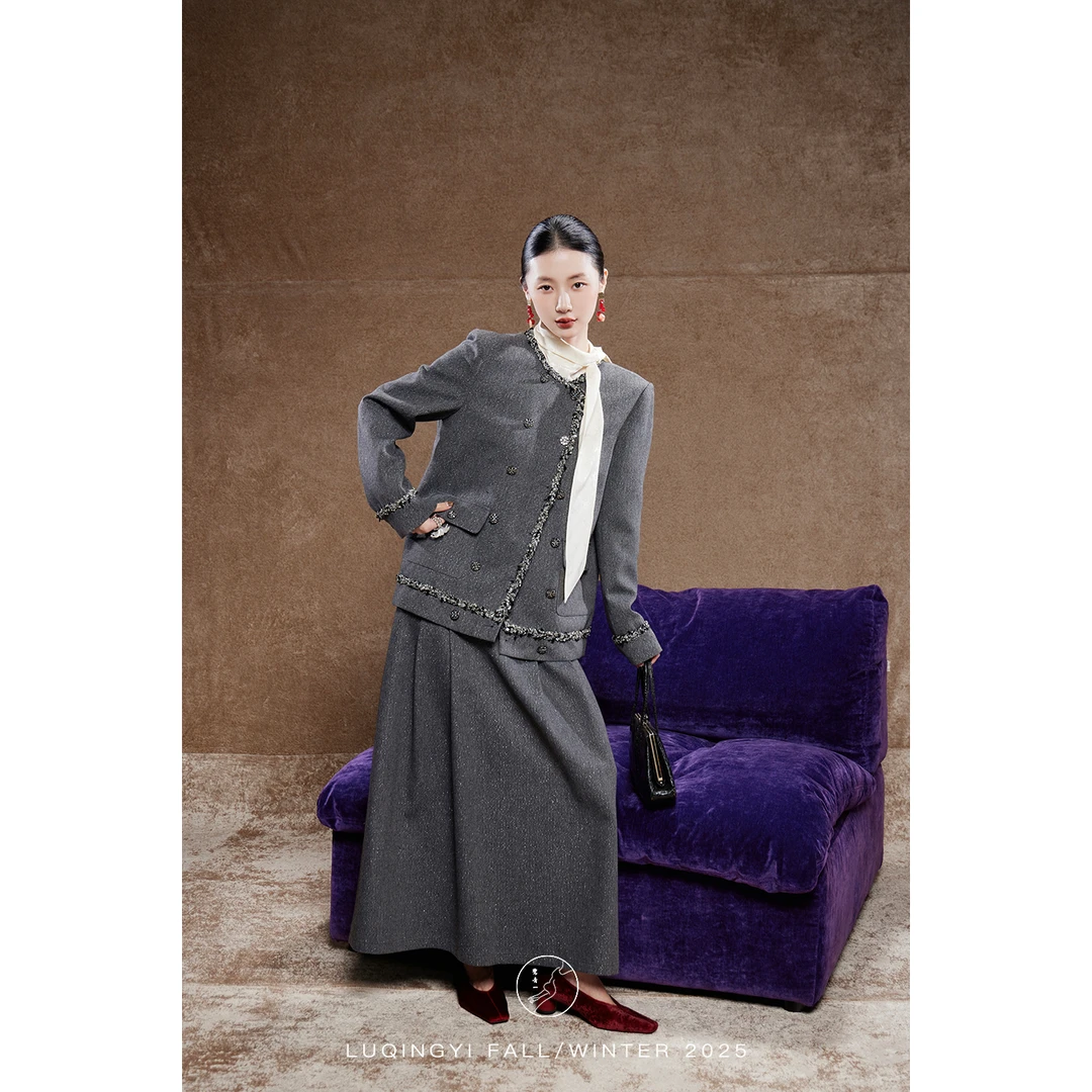 鹭青一原创【千织院】复古银丝小香外套压褶半裙套装女L25X1115L