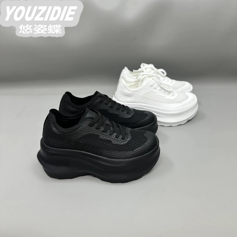 弹力布网面透气增高7cm运动鞋女2025夏季新款轻便圆头厚底老爹鞋
