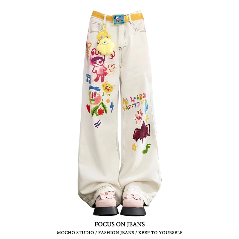 美式高街涂鸦白色阔腿裤女夏多巴胺卡通手绘印花宽松直筒牛仔裤潮