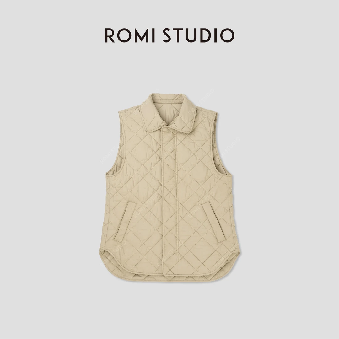 ROMI STUDIO“纽约美式”秋冬菱形格宽松无袖翻领背心马甲 23AWW909
