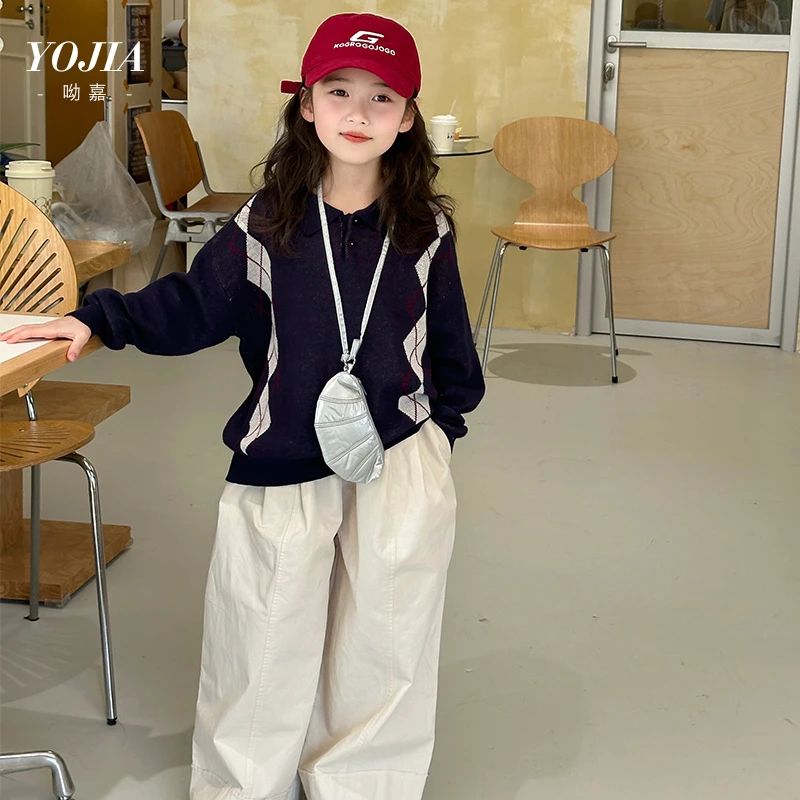YOJIA女童毛衣春装2025新款复古风女孩全棉针织衫儿童长袖Y5CM536