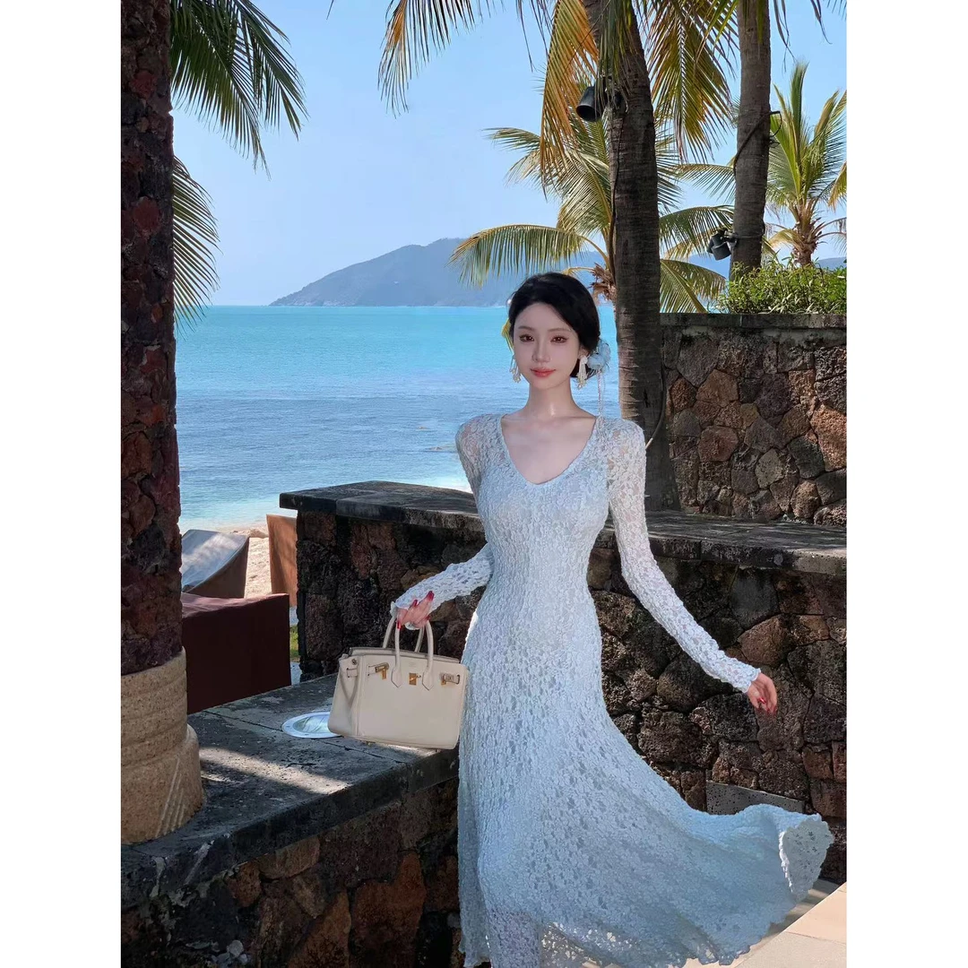 【雅乔定制】冰海夏日 V领收腰大摆蕾丝连衣裙两件套DYTH-24103613